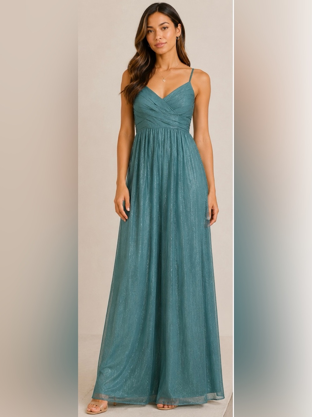 FAERIESTY Teal Shimmer Maxi Dress Small Ruched Formal Prom Bridesmaid